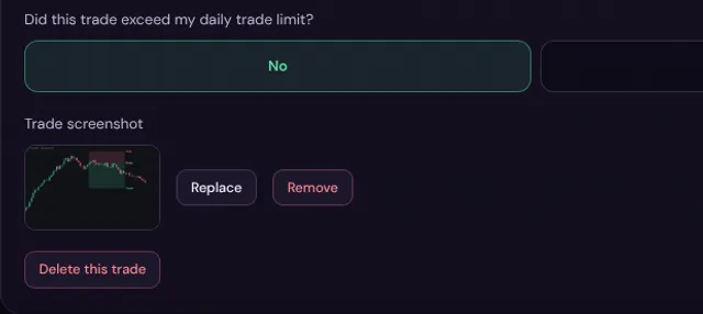 A trade card with the Trade screenshot field showing a small chart thumbnail with Replace and Remove buttons